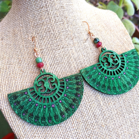 Jewelry - Big wooden fan Mandala green earrings